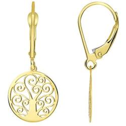 Solid 14k Yellow Gold Elegant Round Tree of Life Dangle Drop Earrings with Leverback