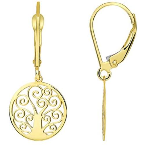 Solid 14k Yellow Gold Elegant Round Tree of Life Dangle Drop Earrings with Leverback