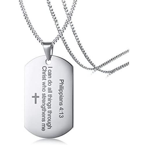 MEALGUET Stainless Steel Religous Scripture Quote Faith Christian Bible Verse Inspirational Cross Dogtag Pendant Necklace for Men