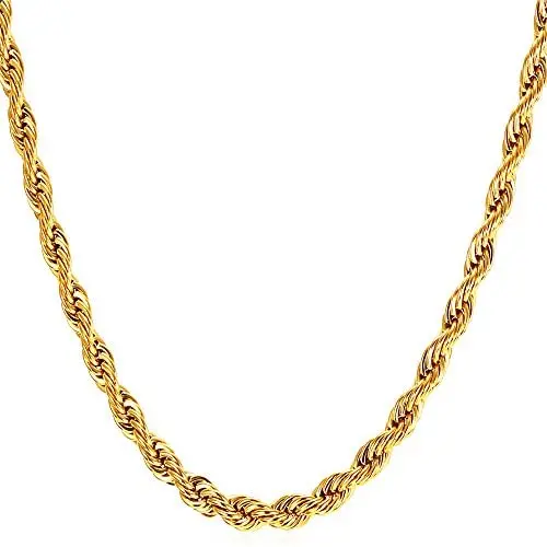 U7 Rope/Wheat Chain Necklace, 18k Real Gold Plated Strong Link with Lobster Claw Clasp, Color Silver/Black/Gold, Width 1.5/3/6/9MM,Length 18-30 Inch Replacement Chains for Pendant,Gift Packed U7 Rope/Wheat Chain Necklace, 18k Real Gold Plated Strong Link with Lobster Claw Clasp, Color Silver/Black/Gold, Width 1.5/3/6/9MM,Length 18-30 Inch Replacement Chains for Pendant,Gift Packed