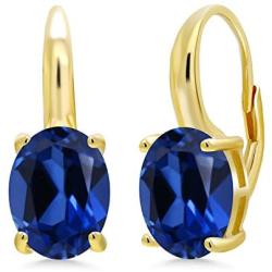 Gem Stone King 6.60 Ct Oval Blue Simulated Sapphire 18K Yellow Gold Plated Silver Earrings
