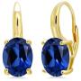 Gem Stone King 6.60 Ct Oval Blue Simulated Sapphire 18K Yellow Gold Plated Silver Earrings