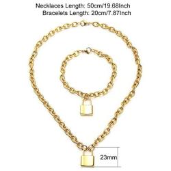 WangGao Punk Lock Charms Jewelry Set Stainless Steel Link Chain Necklace & Bracelet for Women with Clasp Closure