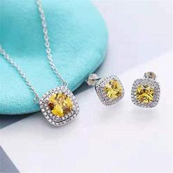 Monthers Day Gifts Diamond Jewelry for Women Sterling Silver Jewelry Set Princess Cut Necklace and Stud Earrings with Yellow CZ Stones Wedding Jewelry Gifts for Mom/Wife/Sister/Friend