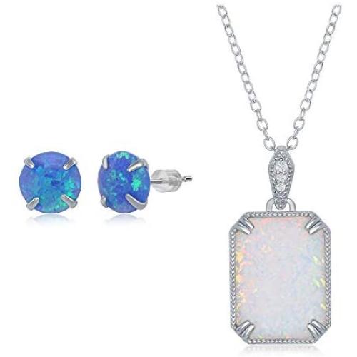 Rectangle-Shaped 20x15mm Created Blue/White Opal with Cubic Zirconia Beaded Border 18’’ Pendant Necklace Including a 6mm Round Blue Created Opal Stud Earrings Sterling Silver Jewelry Set for Women or Teens