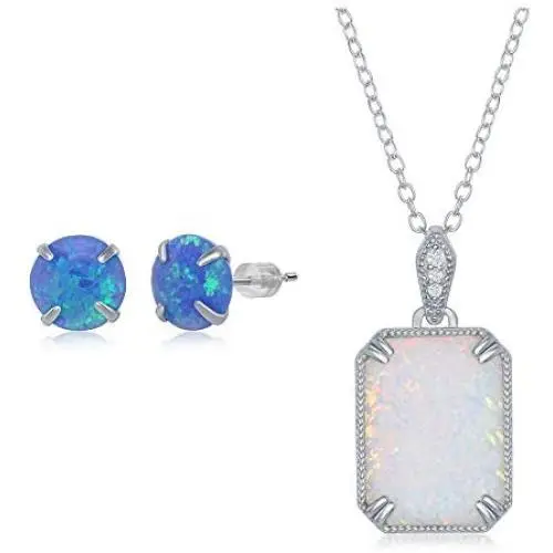 Rectangle-Shaped 20x15mm Created Blue/White Opal with Cubic Zirconia Beaded Border 18’’ Pendant Necklace Including a 6mm Round Blue Created Opal Stud Earrings Sterling Silver Jewelry Set for Women or Teens