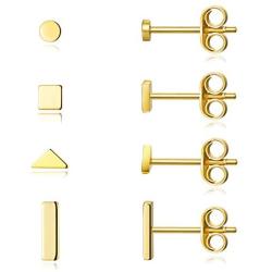 Sterling Silver Stud Earrings for Women Men- 4 Pairs of Hypoallergenic Simple Geometric Small Stud Earring Set Tiny Circle Triangle Square Bar Stud Earrings Mini Cartilage Tragus Earrings