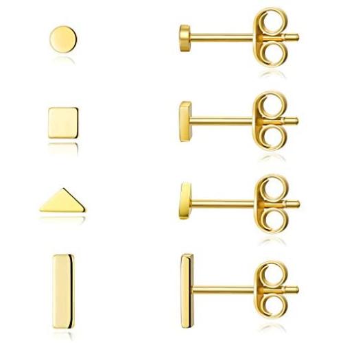 Sterling Silver Stud Earrings for Women Men- 4 Pairs of Hypoallergenic Simple Geometric Small Stud Earring Set Tiny Circle Triangle Square Bar Stud Earrings Mini Cartilage Tragus Earrings