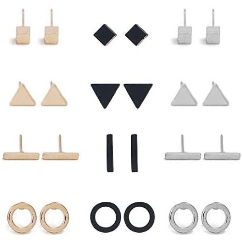 12 Pairs Tiny Stud Earrings Set for Men Women - Black Silver Golden Square Round Bar Triangle Stud Earrings Jewelry