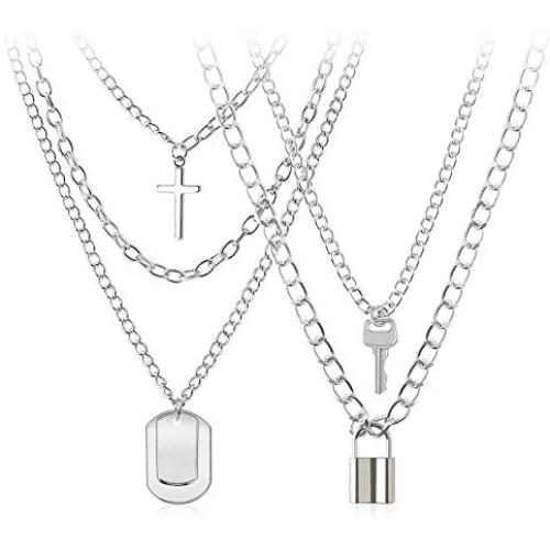 BVROSKI Chains Necklace for Eboy Egirl Men Male Emo Goth Women Teen Girls Boys,2 Layered Lock Key Pendants Necklaces Set,Stainless Steel Jewelry Pack for Pants Punk Play