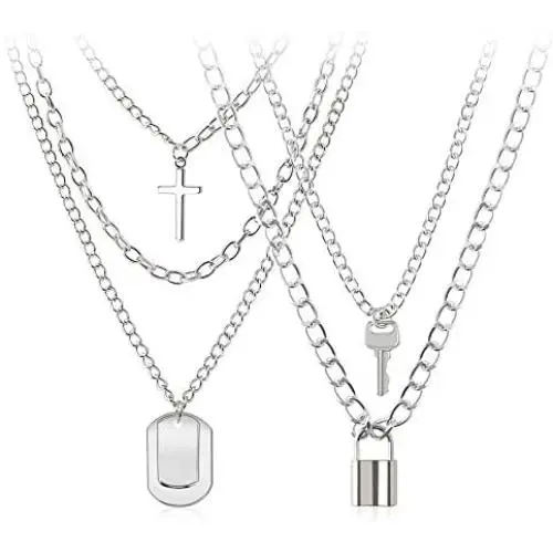 BVROSKI Chains Necklace for Eboy Egirl Men Male Emo Goth Women Teen Girls Boys,2 Layered Lock Key Pendants Necklaces Set,Stainless Steel Jewelry Pack for Pants Punk Play BVROSKI Chains Necklace for Eboy Egirl Men Male Emo Goth Women Teen Girls Boys,2 Layered Lock Key Pendants Necklaces Set,Stainless Steel Jewelry Pack for Pants Punk Play