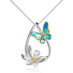 Butterfly Necklace Sterling Silver Teardrop Daisy Flower Butterfly Pendant Necklace Jewelry Birthday Anniversary Mothers Day Gifts for Women Teens Girlfriend Wife Her Mother Daughter