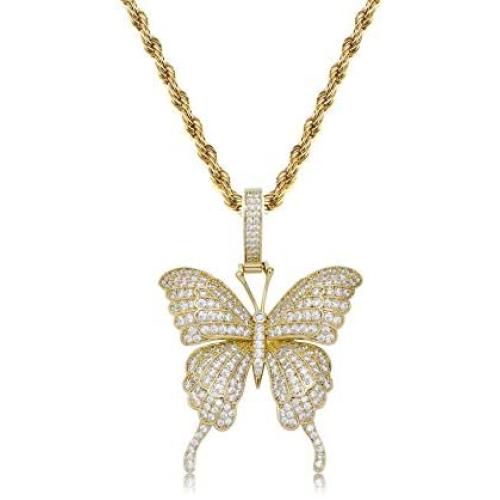 TOPGRILLZ Fully Iced Out Lab Diamond Butterfly Chain Pendant Necklace for Women 14K Real Gold Plated Birthday Gifts