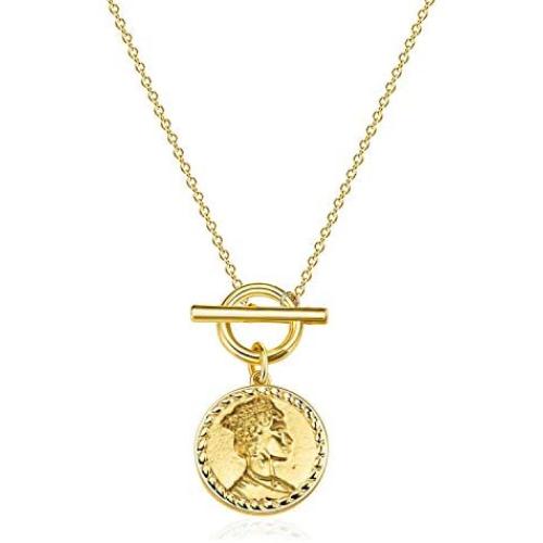 AOOVOO Coin Pendant Necklace, 14k Gold Plated Sterling Silver 16 inches Length Round Circle Disk Textured Medallion Dainty Pendant Necklace for Women Girls