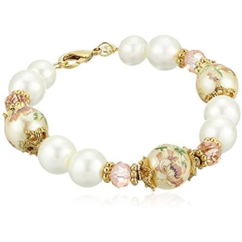 1928 Jewelry Womens Gold Tone Flower Decal Pearl & Pearl Strand Bracelet, Multi, 7.5