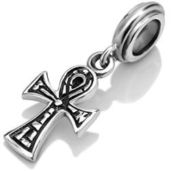 925 Sterling Silver Ankh Cross Dangle Bead Charm Fit Major Brand Bracelet