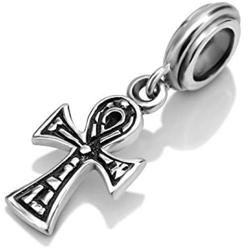925 Sterling Silver Ankh Cross Dangle Bead Charm Fit Major Brand Bracelet
