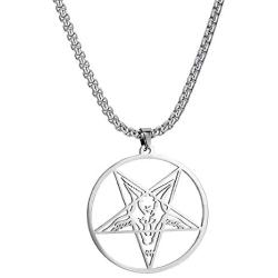 HAQUIL Satanic Necklace - Stainless Steel, Inverted Pentagram Sigil of Baphomet Pendant - Box Chain, 19.7''