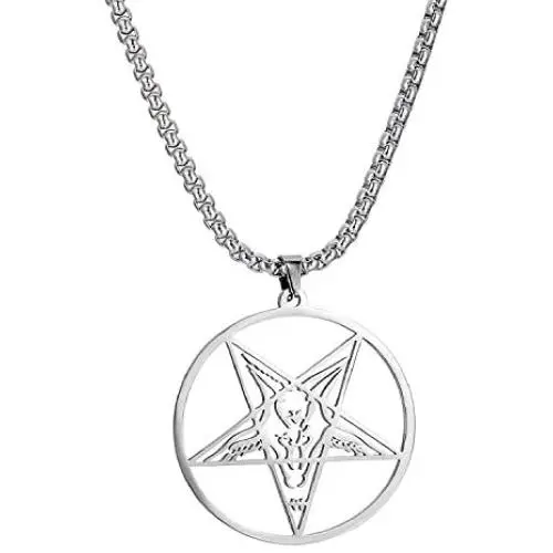 HAQUIL Satanic Necklace - Stainless Steel, Inverted Pentagram Sigil of Baphomet Pendant - Box Chain, 19.7'' HAQUIL Satanic Necklace - Stainless Steel, Inverted Pentagram Sigil of Baphomet Pendant - Box Chain, 19.7''