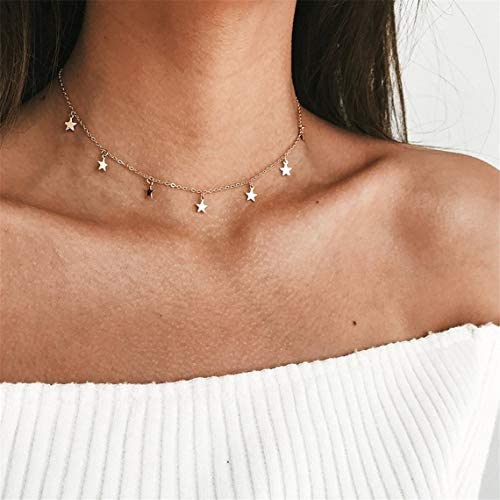 RUJFISH Choker Necklace with Star Chain Thin Heart Pendant for Birthday Friendship Jewelry, Gold