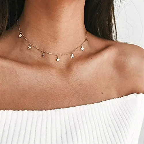 RUJFISH Choker Necklace with Star Chain Thin Heart Pendant for Birthday Friendship Jewelry, Gold RUJFISH Choker Necklace with Star Chain Thin Heart Pendant for Birthday Friendship Jewelry, Gold