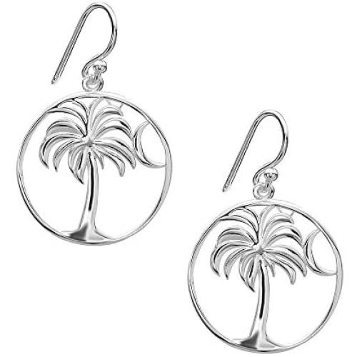 925 Solid Sterling Silver Dangling Palm Tree with Moon Drop Earrings - Dangle Allergy Free Jewelry