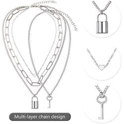 BVROSKI Chains Necklace for Eboy Egirl Men Male Emo Goth Women Teen Girls Boys,2 Layered Lock Key Pendants Necklaces Set,Stainless Steel Jewelry Pack for Pants Punk Play