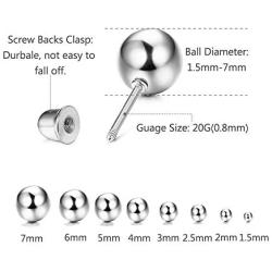 Udalyn 8 Pairs Stainless Steel Ball Earrings Studs Screw Backs Ear Cartilage Earrings for Women Men 1.5-7mm