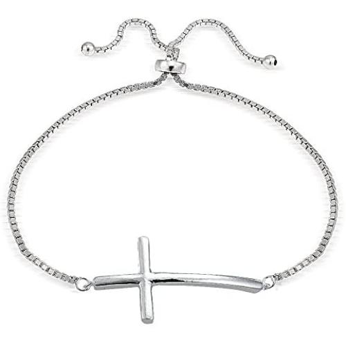 Hoops & Loops Sterling Silver Cross Polished Adjustable Bracelet