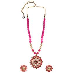 Efulgenz Indian 14 K Gold Plated Pink Faux Pearl Beads Floral Pendant Satement Necklace Earrings Fashion Costume Jewelry Set
