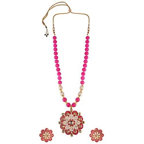 Efulgenz Indian 14 K Gold Plated Pink Faux Pearl Beads Floral Pendant Satement Necklace Earrings Fashion Costume Jewelry Set