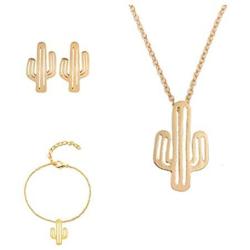 Simple Openwork Cactus Necklace Stud Earrings Jewelry Set