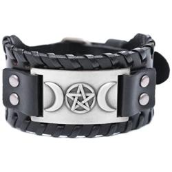 VASSAGO Vintage Pagan Triple Moon Goddess Pentacle Pentagram Metal Amulet Cuff Leather Bracelet