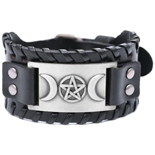 VASSAGO Vintage Pagan Triple Moon Goddess Pentacle Pentagram Metal Amulet Cuff Leather Bracelet