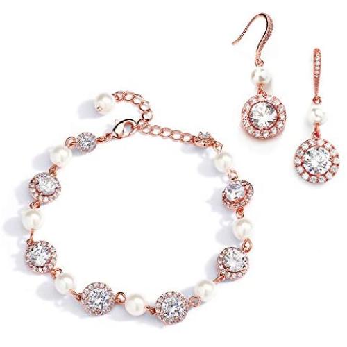 Mariell Rose Gold & Pearl Round CZ Bridal Bracelet & Earrings Set - Wedding Jewelry Sets for Bridesmaids