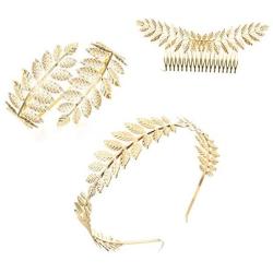 Finrezio 3PCS Greek Goddess Headband Arm Cuff Hair Pins Bridal Jewelry Set Roman Laurel Leaf Branch Crown Armlet Upper Arm Band Bracelet Adjustable