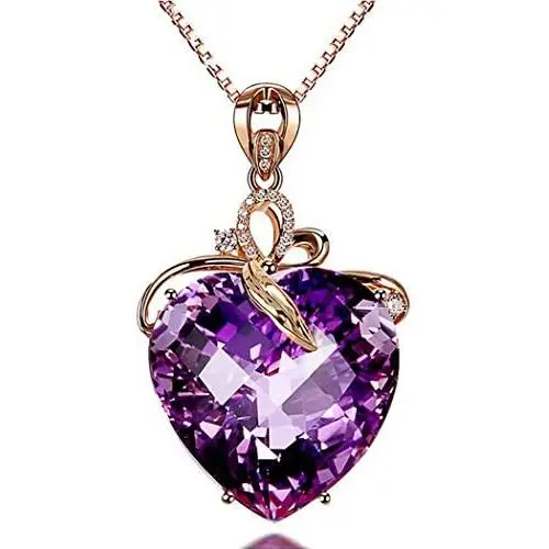Brishow Fashion Bride Wedding Rose Gold Pendant Necklace Chain Purple Rhinestone Lover Heart Pendant Necklaces Crystal Bridal Chains Jewelry Accessories for Women and Girls