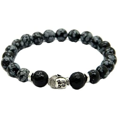 JY Jewelry Unisex Snowflake Obsidian with Silver Buddha Yoga Bracelet
