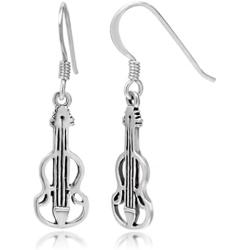 925 Sterling Silver Cut Open Violin Viola Musical Instrument Dangle Hook Earrings