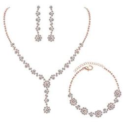 UDORA Crystals Necklace Earrings Bracelet Wedding Jewelry Set for Bride Bridesmaids
