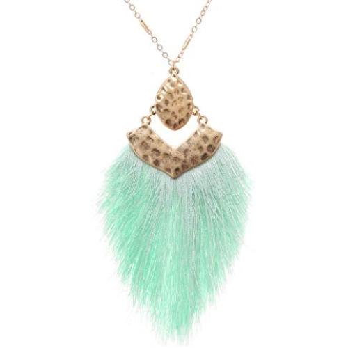 MIRMARU Bohemian Silky Thread Feather Shape Dangle Fringe Tassel Pendant Necklace - Gold Metal Long Chain Necklaces Statement for Women and Girl