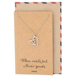 Quan Jewelry Treble Clef and G Clef Heart Pendant Necklace, Handmade Gifts for Music Lovers with Inspirational Quote on Greeting Card, Adjustable Stainless Steel Chain 16'' to 18''
