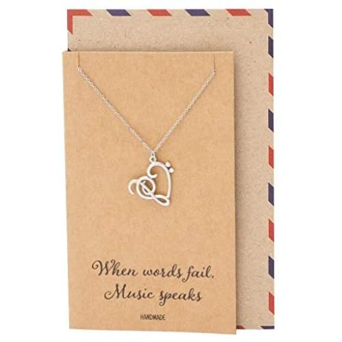 Quan Jewelry Treble Clef and G Clef Heart Pendant Necklace, Handmade Gifts for Music Lovers with Inspirational Quote on Greeting Card, Adjustable Stainless Steel Chain 16'' to 18''