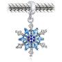 Frozen Winter Holiday Party Christmas Snowflake Shape Ice Blue Crystal Dangle Bead CZ Charm Sterling Silver For Women European Bracelet