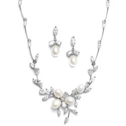 Mariell Genuine Freshwater Pearl & CZ Marquis Necklace Earrings Set Luxury Bridal Jewelry