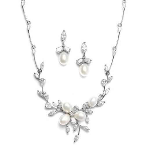Mariell Genuine Freshwater Pearl & CZ Marquis Necklace Earrings Set Luxury Bridal Jewelry