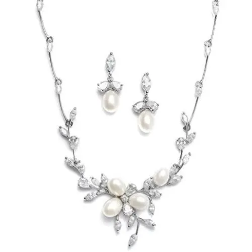 Mariell Genuine Freshwater Pearl & CZ Marquis Necklace Earrings Set Luxury Bridal Jewelry Mariell Genuine Freshwater Pearl & CZ Marquis Necklace Earrings Set Luxury Bridal Jewelry
