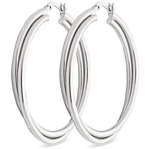 Highstreet layered crossover Sterling Silver plated large tube hoop earrings for women | beautiful and elegant | silver or gold plated your choice | click top closure