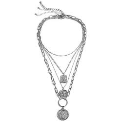 Ingemark Retro Face Coin Pendant Layered Chain Necklace for Women Girls 18K Plated Tag Coin Virgin Medallion Pendant Punk Link Chain Necklace (Style 2 Silver)