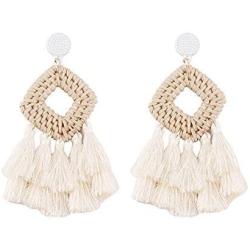 Bohemia Tassel Earrings Statement Handmade Dangle Ethnic Fringe Earrings Bamboo Weaving Geometric Square Sector Gifts for Women Girls